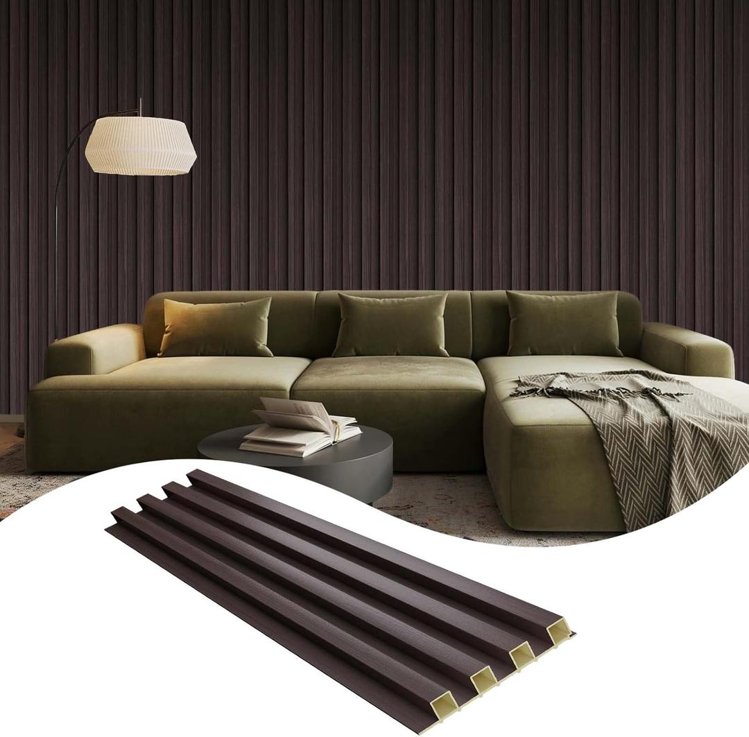 OUZUGIE WPC Acoustic Slat Wall Paneling, 3-Pack 114 x 6 Inches 3D Wall Panels for Interior Wall Decor,Living Room,TV Background,Study Room,Office Spaces,Bedroom,High Grille (Walnut)