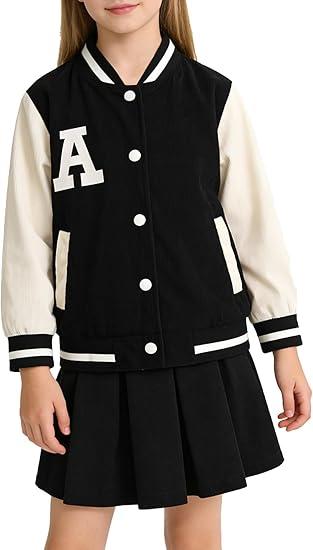 Fdqin Girls 2 Piece Outfits Skirt Set Button Up Baseball Jacket With Pleated Skirt Set Preppy Fall Winter Clothes 3-12Years