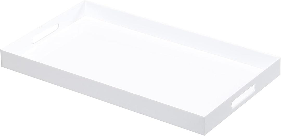 Glossy White Sturdy Acrylic Serving Tray with Handles-12x20Inch-Serving Coffee, Appetizer, Breakfast, Butler-Kitchen Countertop Tray-Makeup Drawer Organizer-Vanity Table, Ottoman Tray-Decorative