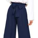FANCYINN Womens 2 Piece Crop Pants Set V Neck Long Sleeves Tops High Waisted Cropped Paper Bag Pants with Belt Navy Blue Pants & White Blouse Top, XL