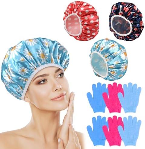 Pack of 2 my novel things Shower Cap Reusable Waterproof 3PC with Exfoliating Bath Gloves 3 Pairs, Large Shower Caps for Women Satin Lined Long Hair Locs Curly All Hair
