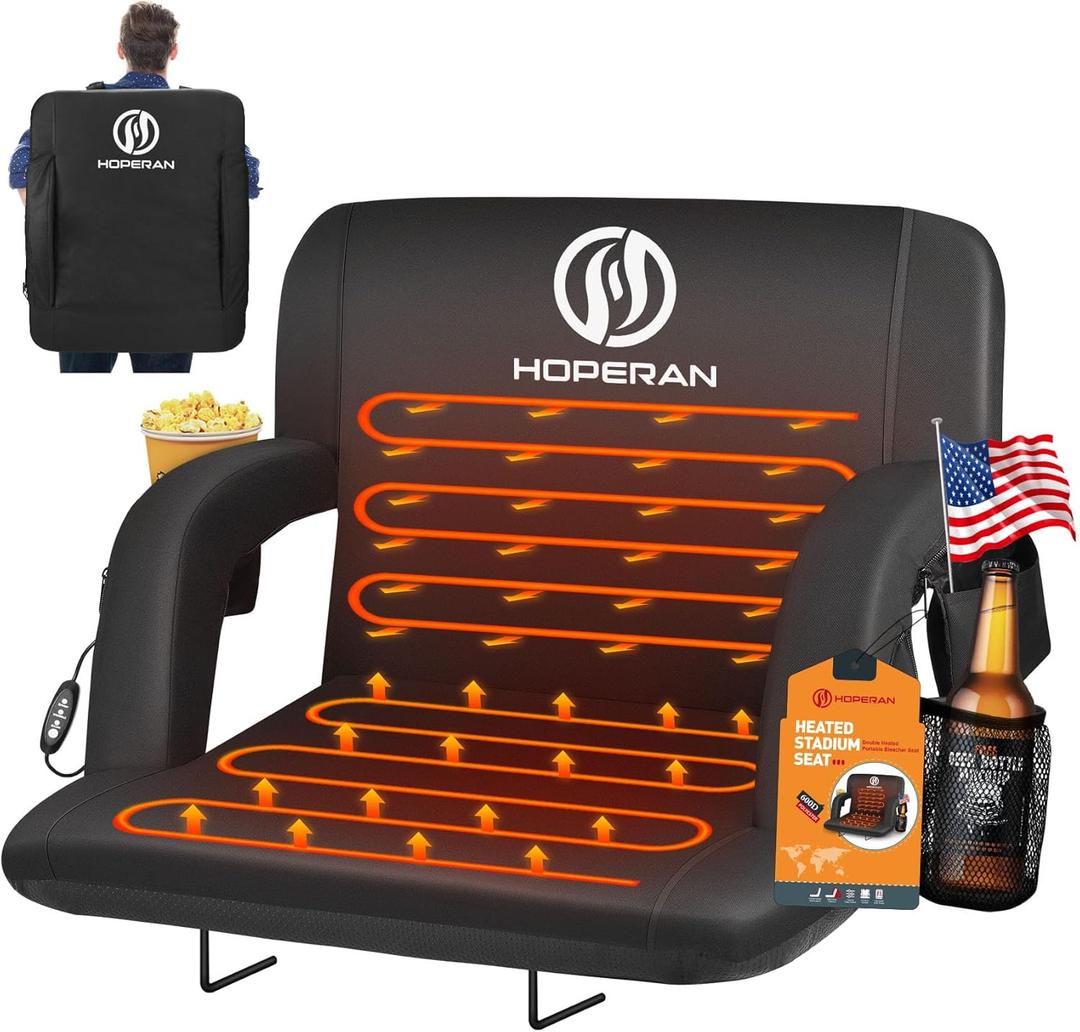 HOPERAN Heated Stadium Seats for Bleachers with Back Support and Wide Cushion, Extra Portable Bleacher Seat Foldable Stadium Chair, USB 3 Levels of Heat, 5 Pockets for Outdoor Camping Games Sports, 23''