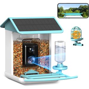 Bird Feeder with Camera, Free AI Forever for 11,000+ Species, 64G TF Card & 1080P HD, Solar-Powered Wireless Outdoor Design, App Alerts & Two-Way Audio for Garden Wildlife Watching (Light Blue)