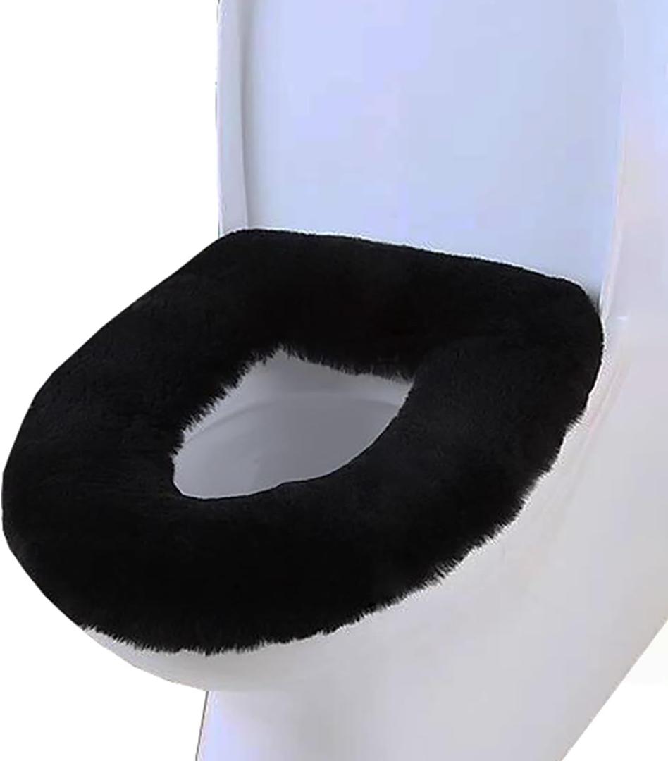 Dotesy Genuine Sheepskin Toilet Lid Cover Natural Fur Wool Toilet Seat Cushion Soft Warm Toilet Seat Pad for Bathroom Home Reusable (Black)