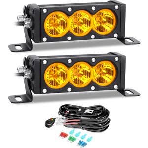 AUXTINGS 2 Pieces 6 inch Single Row Amber LED Light Bar 30W Off Road Light Bar Flood Beam LED Work Light Truck UTV 4x4 Cars SUVs ATVs Boats Fog Driving Light with Wiring Harness Kit