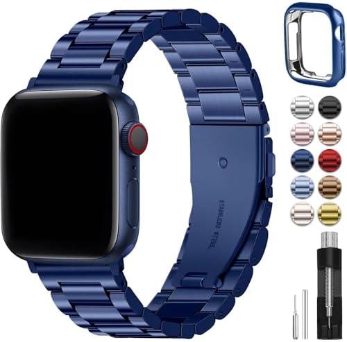 Fullmosa Compatible Apple Watch Bands 41mm 40mm 38mm, Metal iWatch Band with Case for Apple Watch Series 9 8 7 6 5 4 3 2 1 SE SE2, Blue