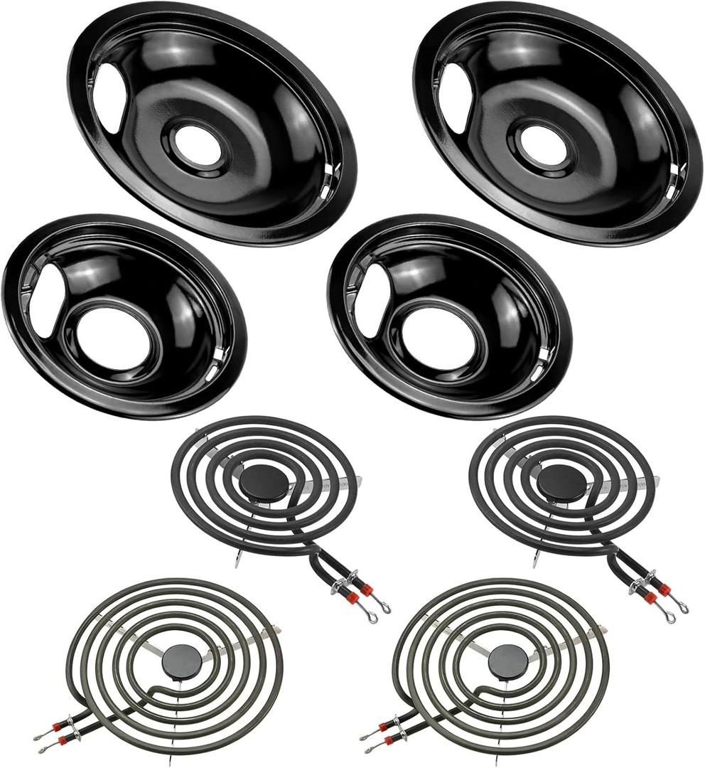W10290350 W10290353 Porcelain Drip Pan Set & MP22YA Electric Range Burner Element Fit for W-hirlpool A-mana C-rosley Electric Range, 4 Pack Black Drip Pans & Stove Burners Replacement by Fetechmate