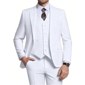 Men's 3 Piece Slim Fit Suit Set, Two Button Blazer Solid Jacket Vest Pants Wedding Business Suit (White, L)
