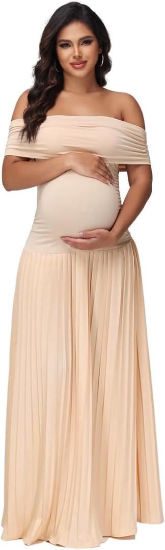 JustVH Women's Maternity Off Shoulder Baby Shower Dress Party Paneled Ruched Hem Maxi Photography Gown for Photoshoot (Biege, Medium)