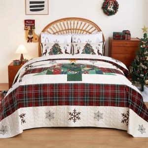 Cmfshape Velvet Christmas Quilt King Size-Cream Bedspread Comforter with Christmas Checkered Tree Pattern-Soft Lightweight Coverlet&Bedding Set-106"x96" (Green)