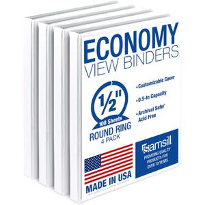Samsill 0.5 Inch 3 Ring Binder, Economy Round Ring, Clear View Cover, 100 Sheet Capacity - for School, Home, Office - White, 4 Pack