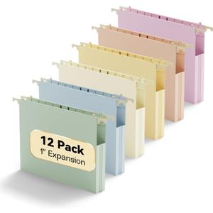 Plastic Hanging File Folders 1 Inch Expansion Letter Size,12 Pack Reinforced Heavy Duty Hang Folder with Tabs,Pastel Color Expandable Hanging Files with Side,File Cabinet Folders for School