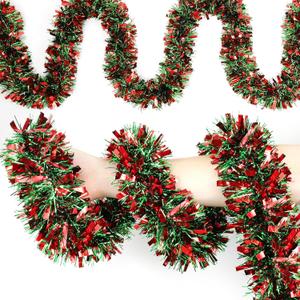 50Ft Red Green Christmas Tinsel Garland Xmas Tree Decorations Metallic Glitter Tinsel Twist Hanging Garland for Indoor Outdoor Christmas Holiday Party Decor