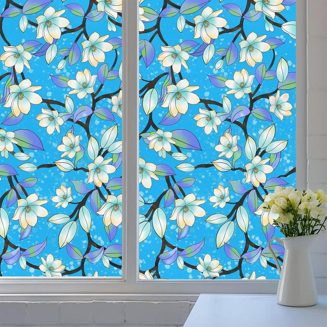 4 x Privacy Window Film,Floral Design Static Cling for UV Blocking & Heat Insulation, No-Glue Reusable for Home, Office, Bathroom & Glass Decor(23.6"78.7").