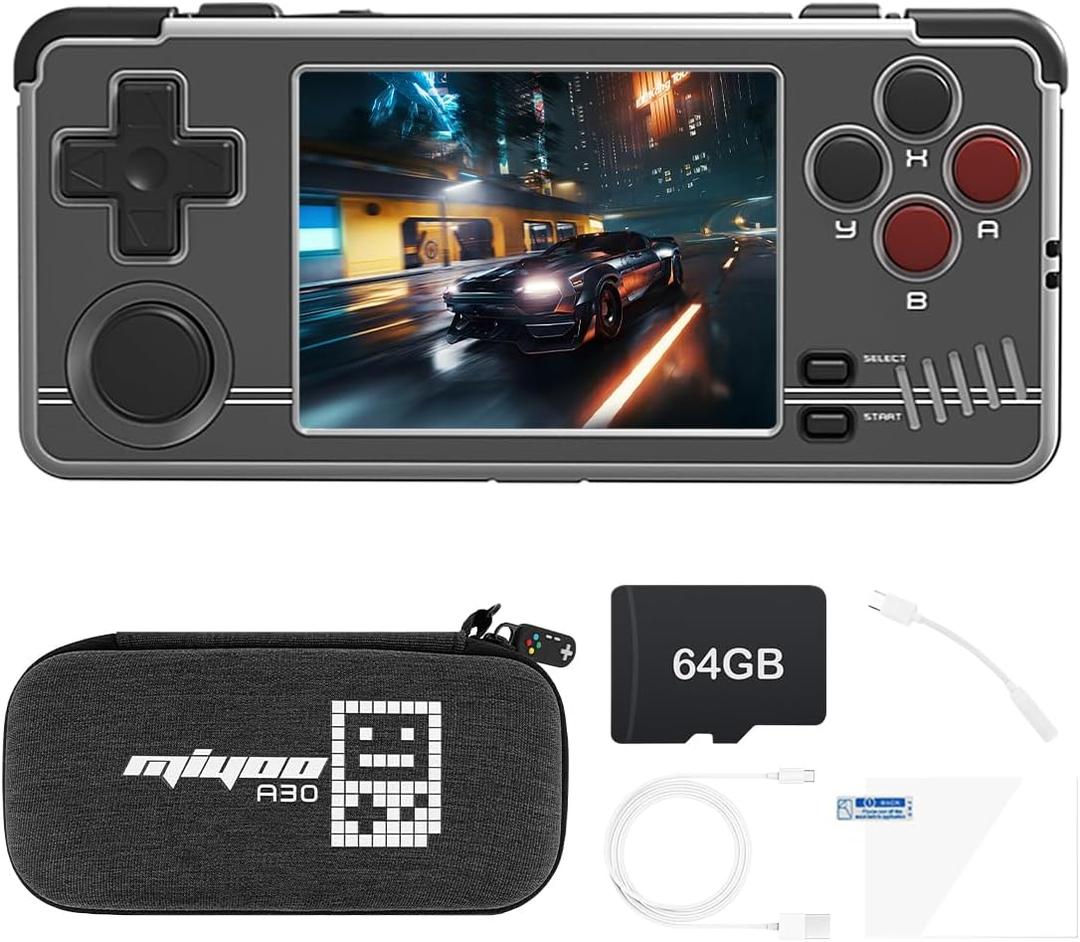 Miyoo A30 Handheld Game Console 2.8 inch Classic System Retro Video Games Consoles Portable Rechargeable Hand Held White 64GB with Case (Gray-64G-CA)