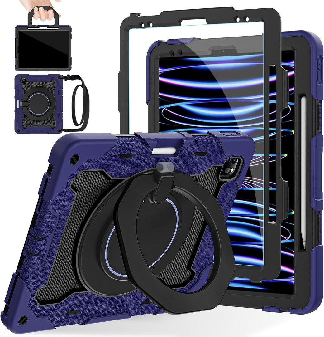 ROISKIN for iPad Pro 12.9 -Inch Case (6th, 5th, 4th & 3rd Gen)with HD Screen Protector, 360 Stand, Handle, Pencil Holder, Shoulder Strap[15ft Drop Protection]Rugged Bulky Full Body 12.9 iPad Pro Case (Ring Stand-Navy Blue)