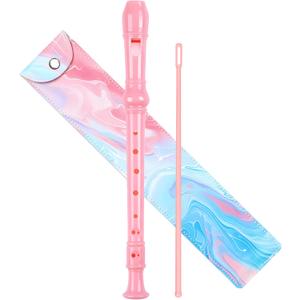 Soprano Recorder for Kids Beginners, German Fingering, C Key, 3 Piece with Cleaning Rod, Bag, Fingering Chart (Pink)