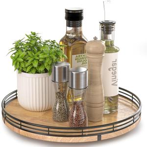 12" Lazy Susan Oak Wood Turntable Organizer for Cabinet, Farmhouse Round Wooden Lazy Susan Organization and Storage for Dining Table, Pantry, Kitchen, Bathroom, Countertop, Cupboard, Home Decor (Brown & Black)