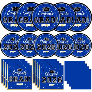 Labrostar Graduation Decorations 2026 Class of 2026 Congrats Grad Disposable Paper Plates Luncheon Napkins Cocktail Napkins Blue Graduation Party Supplies Serve 50, Blue02