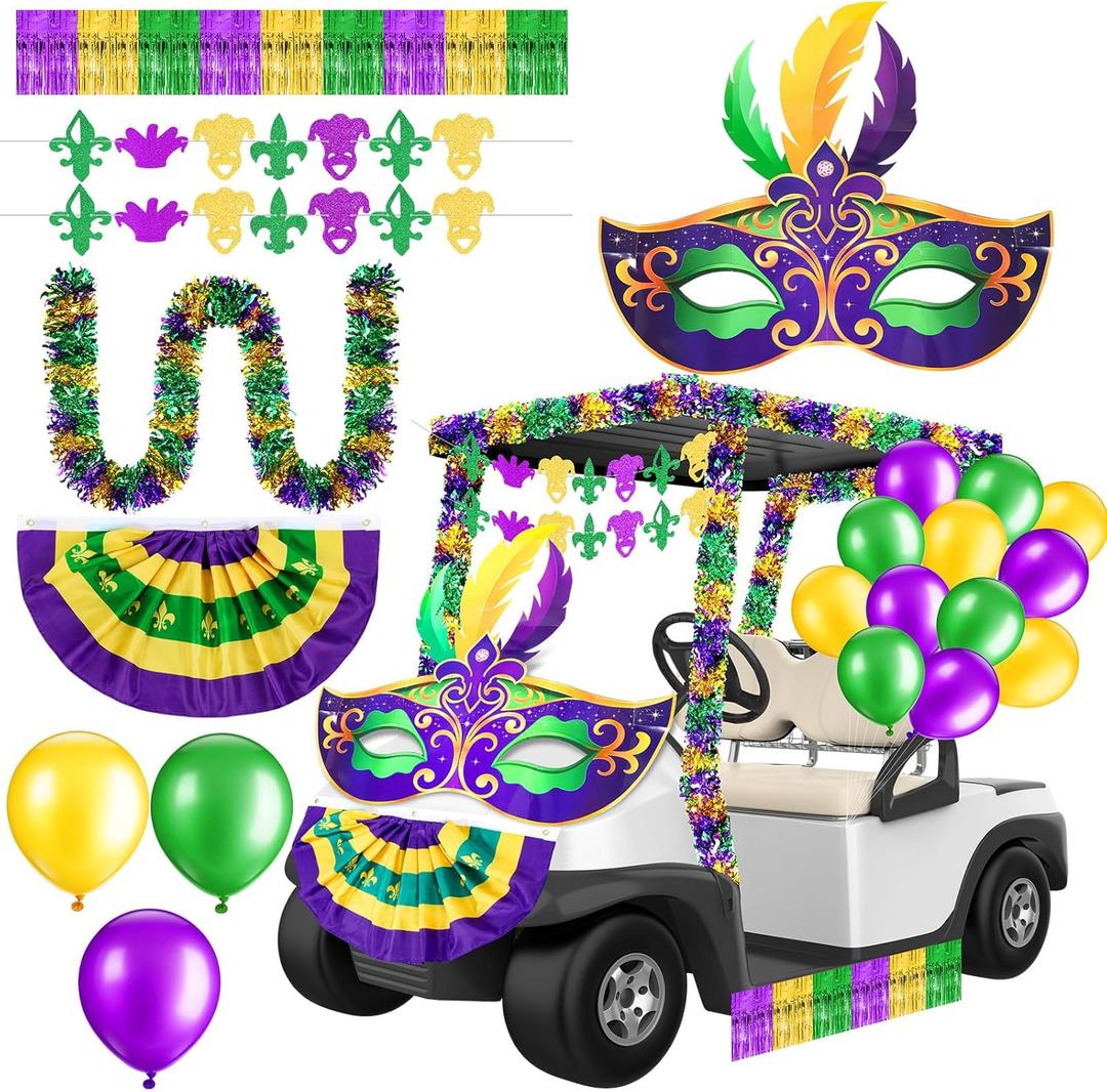39-41 Pcs Mardi Gras Golf Cart Decoration Kit Purple Green Gold Car Wagon Parade Supplies Tragedy Comedy Mask Garland Decor for Holiday Party Decoration