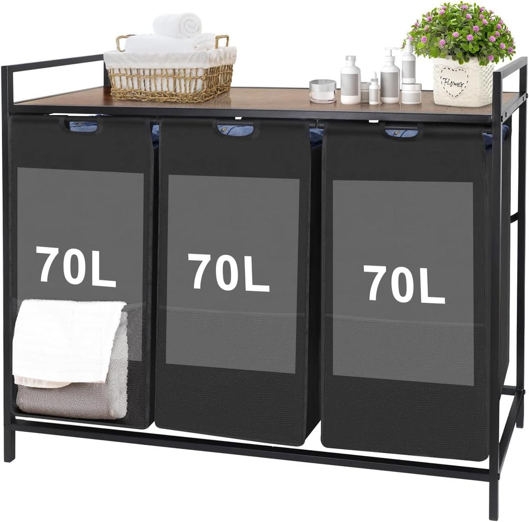 Extra Large Laundry Hamper, Laundry Hamper 3 Section with shelf - 210L Capacity, Laundry Basket for Clothes-1 Storage Shelf, Laundry Sorter for Laundry Room, Bedroom