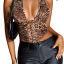 MakeMeChic Women's Corset Top Going Out Sexy Halter Top Cheetah Print Backless Deep V Neck Top (Medium, Brown)