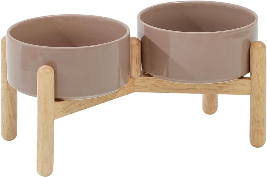 Ceramic Raised Dog Bowl with Stand for Small and Medium Breed Dog Dish Pet Food and Water Bowl (Double Bowl with Stand - Brown Coffee, 6" D)