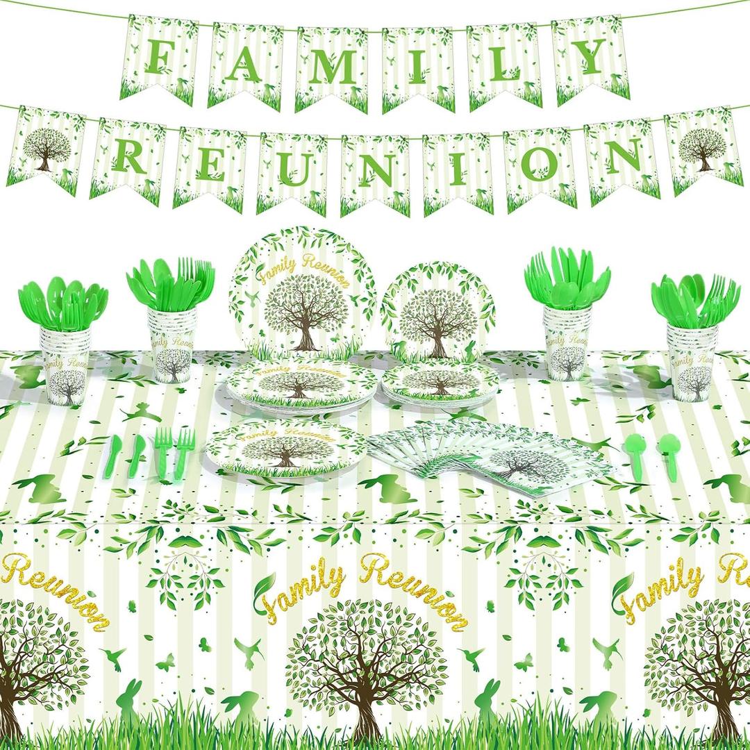 172 Pcs Family Reunion Tableware Family Tree Reunion Party Decorations Serves 24 Banner Tablecloth Plate Cup Napkin Knife Fork Spoon Guests for Spring Gathering Party Supplies