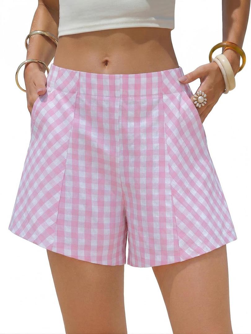 EXLURA Womens Cotton Boxer Shorts Faux Linen Gingham Shorts Summer High Waist Plaid Y2K Beach Bottoms Vacation Outfits 2026 (Pink, L)