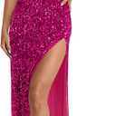 Wenrine Womens Sparkly Sequin Dress Spaghetti Strap V Neck Sexy High Slit Formal Club Party Evening Maxi Dresses (Large, Rose Red)
