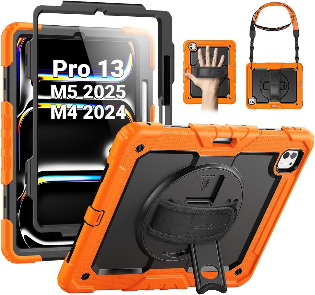 SEYMAC Case for iPad Pro 13 Inch M5 2025 / M4 2024, Heavy Duty Shockproof Protective Case with Screen Protector, 360 Rotating Stand, Hand/Shoulder Strap and Pen Holder, Orange