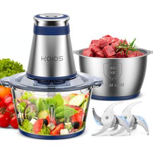 KOIOS Food Processor, 500W Electric Food Chopper with 2 Bowls (8 Cup+8 Cup) & 2 Bi-Level Blades&, Small Electric Grinder Meat Processor for Nuts, Meat, Onion, Garlic, Baby Food, Blue