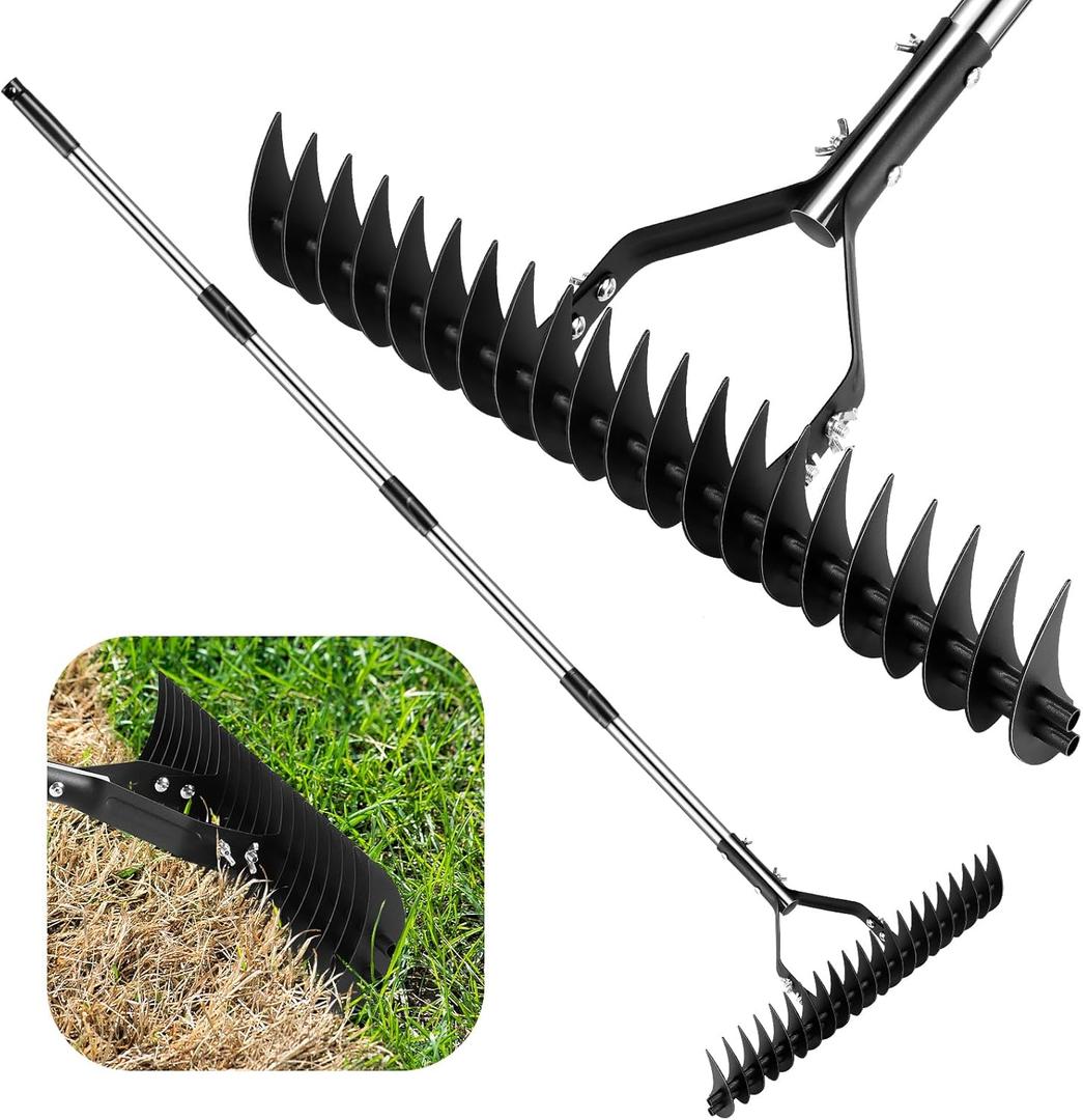 Thatch Rake for Lawns 21 Curved Steel Tines with 64'' Adjustable Metal Handle Handle Heavy Duty Dethatcher Rake for Garden Yard Farm Lawn Care Leveling Gathering Leaf Grass Removal (Black-2)