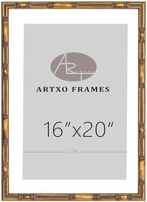 ArtXO 16"x20" Picture Frame Wooden, Display Pictures 11"x14" with Mat or 16"x20" Without Mat, Gold Bamboo Poster Frames,Hanging Photo Frame Wall