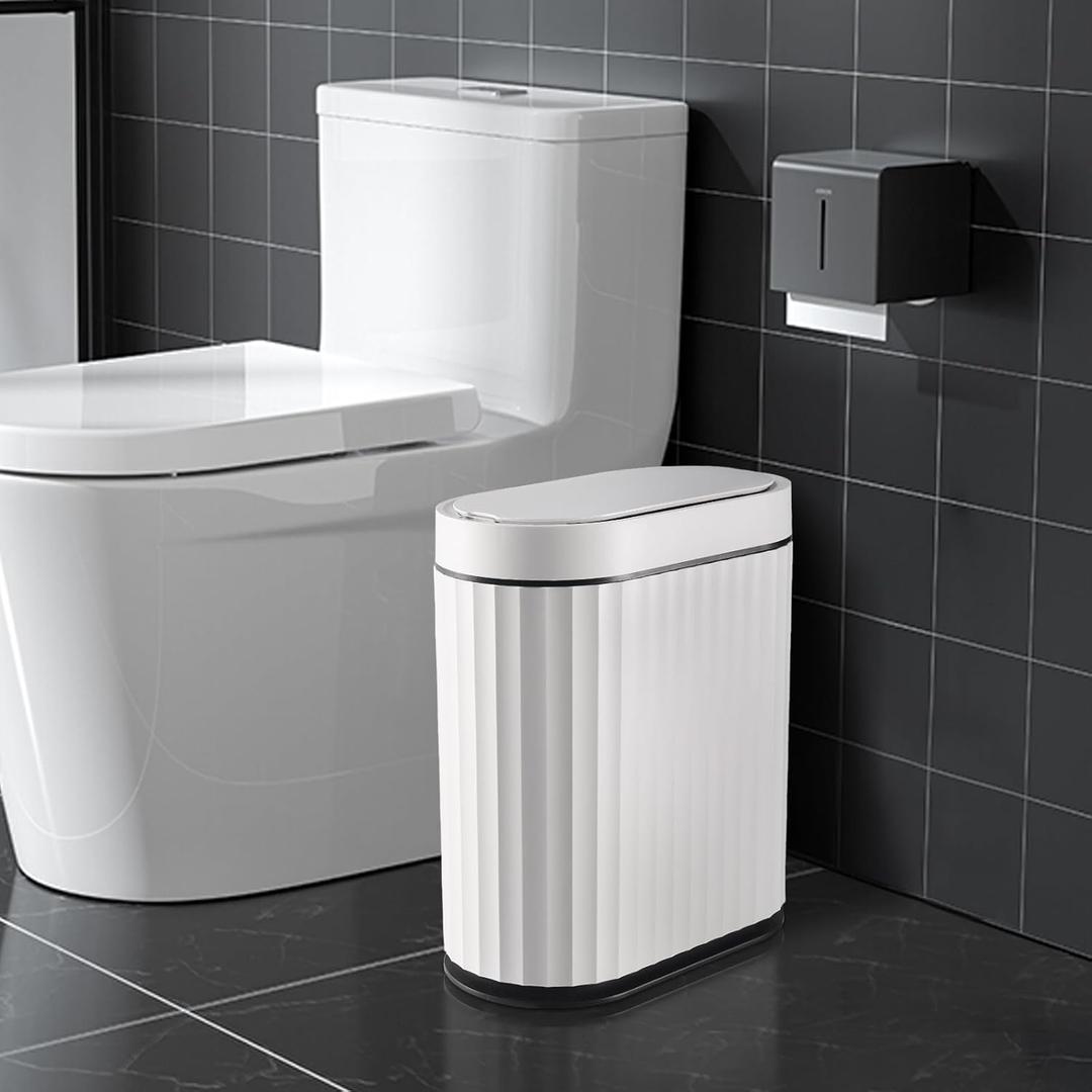 ELPHECO Bathroom Trash Can with Lid 2 Gallon Small Sensor Garbage Can, Slim Smart Trash Bin, Waterproof Automatic Wastebasket, Narrow Plastic Garbage Bin for Bathroom, Black and White