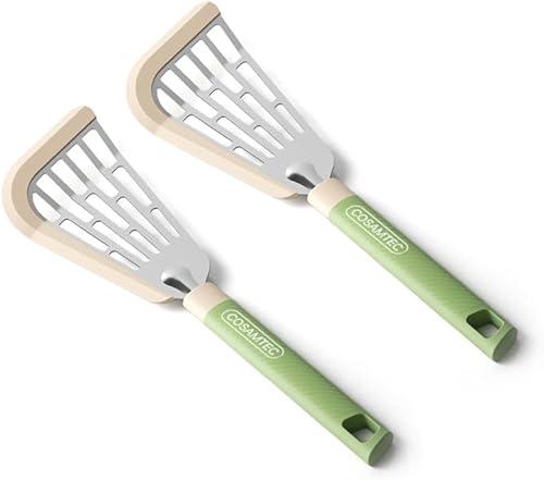 Cosamtec Silicone Fish Spatula Flexible Curved Edge Slotted Turner for Non-Stick Cookware Egg Pancake Flipper with Heat Resistant Nylon Handle, Set of 2