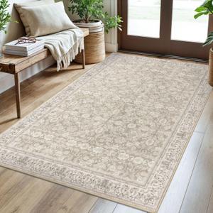 Washable Area Rug for Entryway, Cream Beige White Grey Soft Distressed Floral Rug with Non-Slip, Low-Pile Vintage Neutral Area Rugs for Entryway Bedroom, Dorm Carpet with Non-Shedding
 58*35