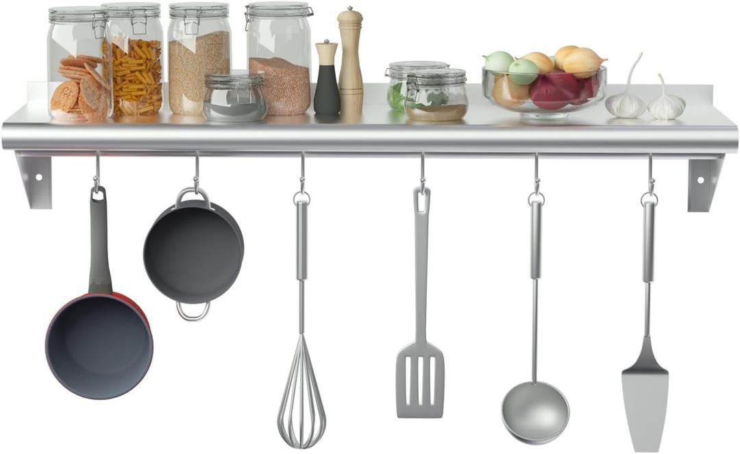 Treshin Stainless Steel Shelf with 6 Hooks 14 x 48 Inches, Commercial Wall Mount Floating Shelving Storage Pot Rack for Restaurant, Kitchen, Home, Bar and Hotel
