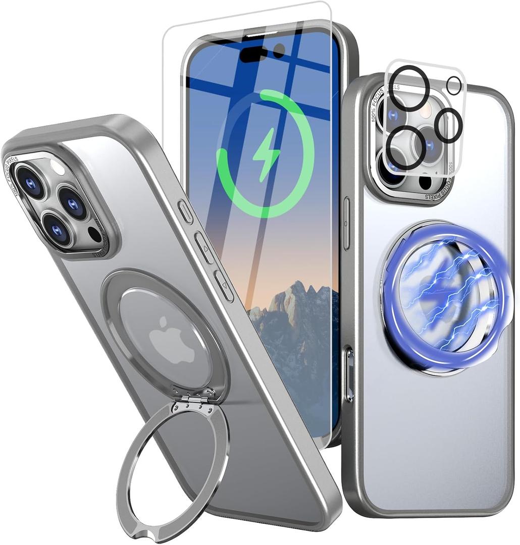 Bonkier for iPhone 16 Pro Max Case with Screen Protector & Lens Protector [15 FT Military Drop Protection] Magnetic Kickstand Compatible with MagSafe Slim Translucent Case (Titanium Grey)