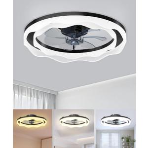Ceiling Fans with Lights, 20'' Black Low Profile Ceiling Fan with Light, 3000K-6500K Dimmable LED Fan Light, APP Remote Control 6 Wind Speeds Fandelier Flush Mount Modern Ceiling Fans for Bedroom