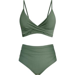 Amy Babe Women's High Waisted Bikini Sets Push Up Twist Front Spaghetti Straps Ruched Two Piece Swimsuit Bathing Suit, Medium, Olive