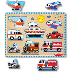 Melissa & Doug Vehicles Sound Puzzle - Wooden Peg Puzzle With Light-Activated Sound Effects (8 pcs) Puzzles for Toddlers, Wooden Puzzles For Kids Ages 2+