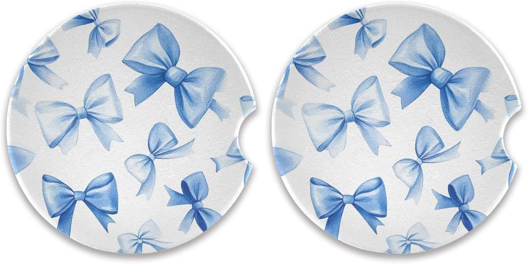 2 Pack Blue Bow Car Coasters for Drinks Absorbent, 2.5 inch Ceramic Car Cup Holder Coaster for Your Car with Fingertip Grip