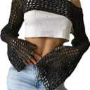 Women's Mesh Crochet Crop Tops Shrugs Sexy Y2k Hollow Out Cropped Knit Sweater See Through Bikini Cover Ups (Black)