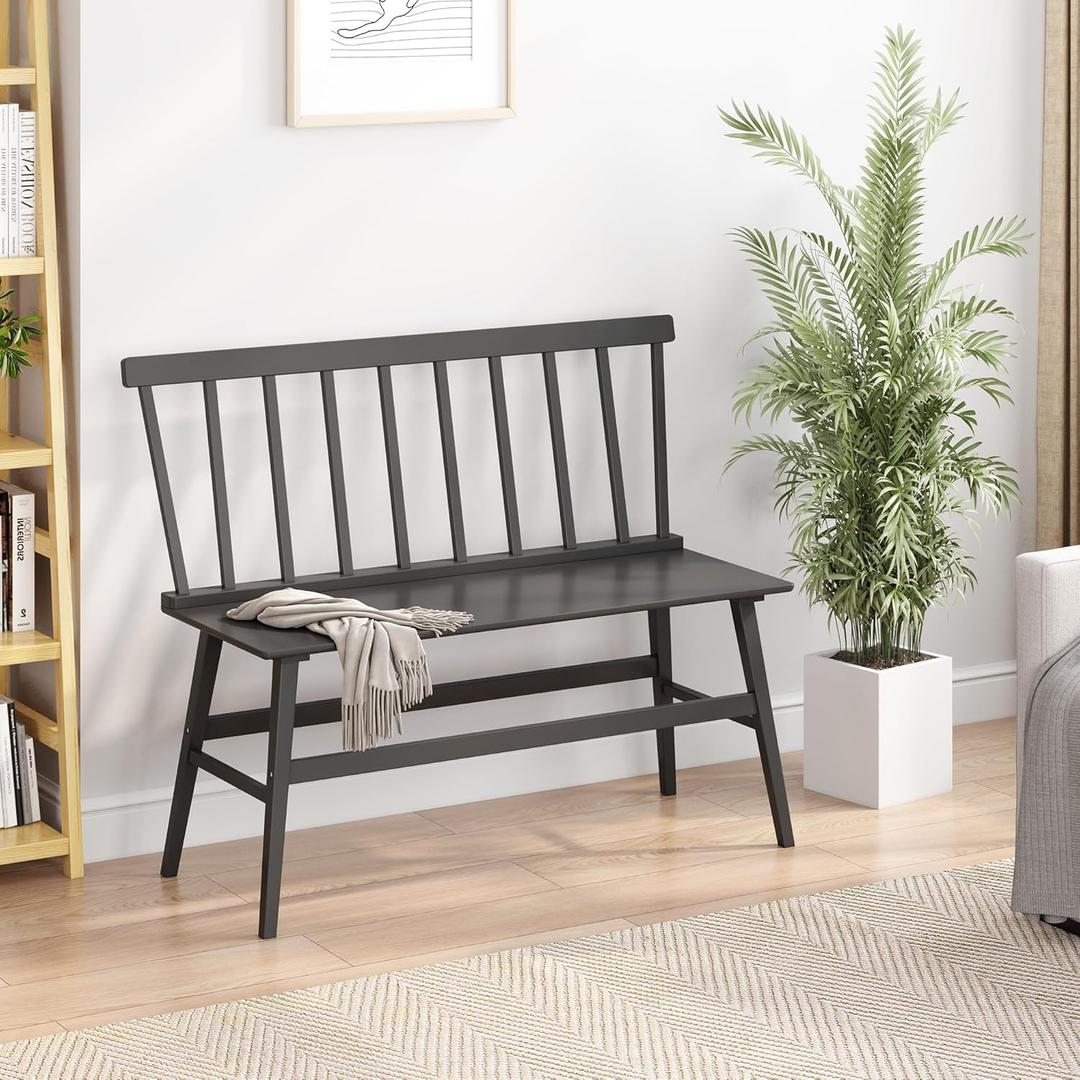 Bamboo Dining Bench, Black Entryway Bench with Spindle Back Farmhouse Wood Windsor for Foyer Balcony Living Room (Nature) (Black)