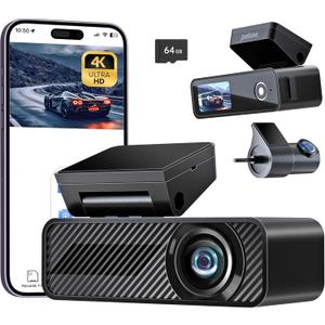 Pelsee P1 Duo 4K Dash Cam Front and Rear, 64GB SD Card, 4K+1080P Dual Dash Camera for Cars, Wi-Fi & App Control, 1.5’’IPS Display Car Camera, Voice Control, Night Vision, 24H Parking Mode, G-Sensor