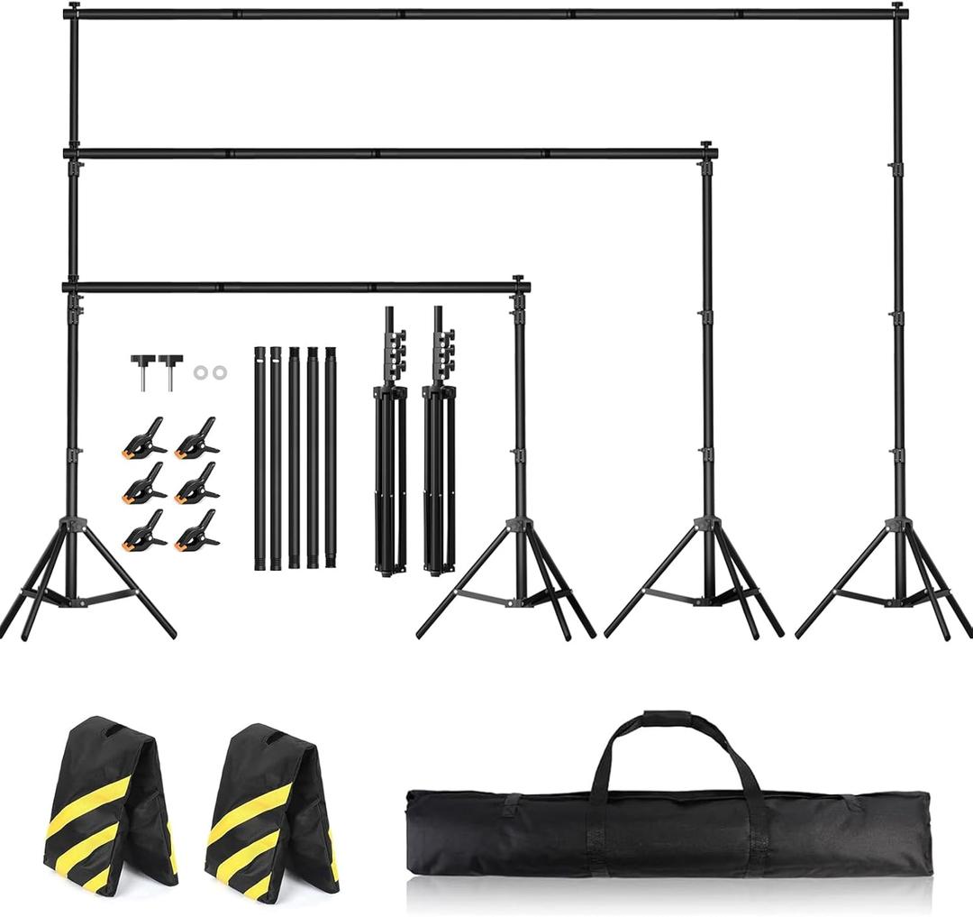 Backdrop Stand for Parties 10 x 8.5 FT, Heavy Duty Photography Backdrop Stand for Events, Video Shooting, Portable Photo Background Stand with Carry Bag, Sandbags, Spring Clamps