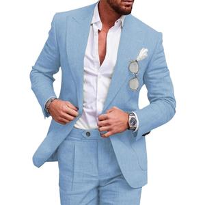 UNINUKOO Linen Suit for Men Summer Wedding 2 Piece Suit Set Peak Lapel Casual Blazer Pants Beach Wear for Men (X-Large, Sky Blue)
