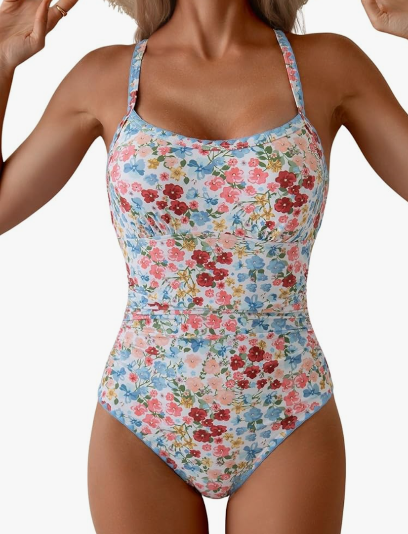 Eomenie Women's One Piece Swimsuit Tummy Control Slimming Bathing Suit Ruched Swimwear Tie Back Shell Stitch Swim Suit, Medium