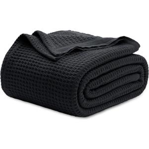 Bedsure 100% Cotton Blanket Queen Size for Bed - Breathable and Soft, Waffle Weave Blanket for Summer Spring, Black, 90x90 Inches
